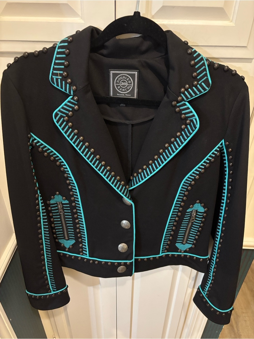 Double D Ranch Long Black Train Jacket with Turquoise Trim and Studs